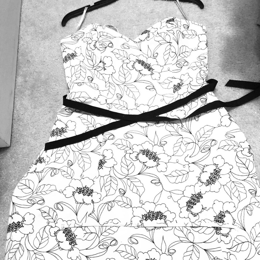 Black and white floral patterned cocktail dress